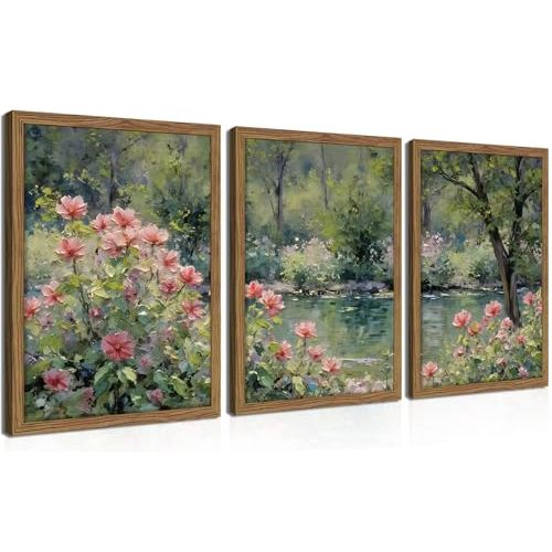 Framed Monet Wall Art Set of 3, Impressionist Botanical Floral Canvas Wall Decor, Vintage Cottagecore Artwork Paintings, Nature Landscape Flowers Prints Pictures for Living Room Bedroom 12x16 Inch
