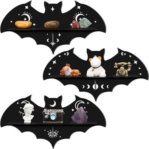 Geetery 3 Pcs Bat Shelf Gothic Decor Witchy Crystal Shelf Spooky Coffin Wall Hanging with Hooks Floating Black Wooden Room Decor for Crystal Keys