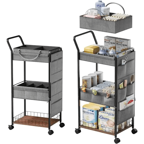 BBLIKE 3-Tier Diaper Caddy Organizer - Rolling Utility Baby Cart with Basket and Side Pockets for Nursery and Baby Essentials, Multi-Function Cart for Bedroom and Bathroom