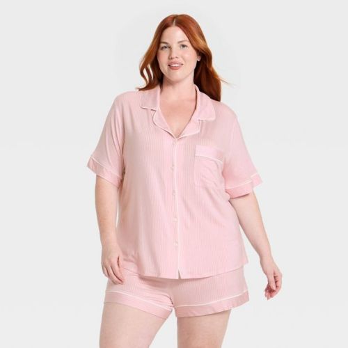 Women's Cloud Knit Modal Short Sleeve Notch Collar Top and Shorts Pajama Set - Auden™ Pink 2X