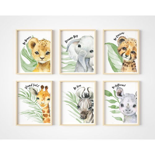 Safari Animals Nursery Art Prints - Set of 6 - Nursery Wall Decor - Jungle Theme Artwork - Kid's Room Watercolor Pictures