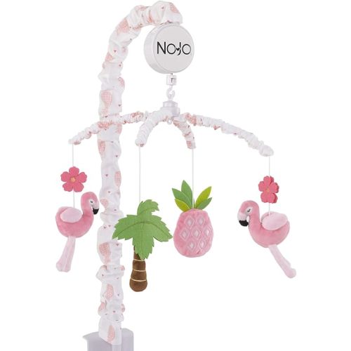 Nojo Tropical Flamingo Nursery Crib Musical Mobile With Plush Pink Flamingos, Flowers, Palm Tree & Pineapple, Pink, White, Green