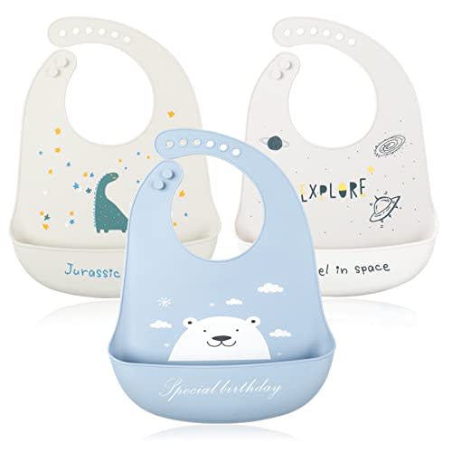 Baby Silicone Feeding Bibs, 3pcs Adjustable Waterproof Bibs for Feeding