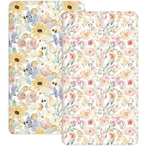 Pack and Play Sheets 2 Pack, Fitted Jersey Knit Mini Crib Sheets for Baby Boys and Girls, Compatible with Graco Pack N Play and Mini Crib Mattress (Golden Meadow, Pack N Play/Mini Crib Sheets)