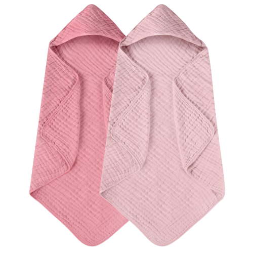 Yoofoss Hooded Baby Towels for Newborn 2 Pack 100% Muslin Organic Cotton Baby Bath Towel with Hood for Babies, Infant, Toddler and Kids, 32x32Inch, Soft and Absorbent Newborn Essential