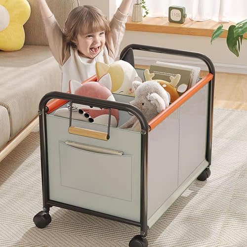 Children's toy Organizer With Wheels for Bedrooms, toy Rooms, Playrooms can hold toys, Books, Clothes, Snacks with 360° Steering Wheels Metal and Oxford Cloth toy Boxes（White Medium size）