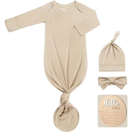 Hello World Newborn Outfit Knotted Gown 0-3 Months, Baby Girl Boy Coming Home Sleeper with Sign