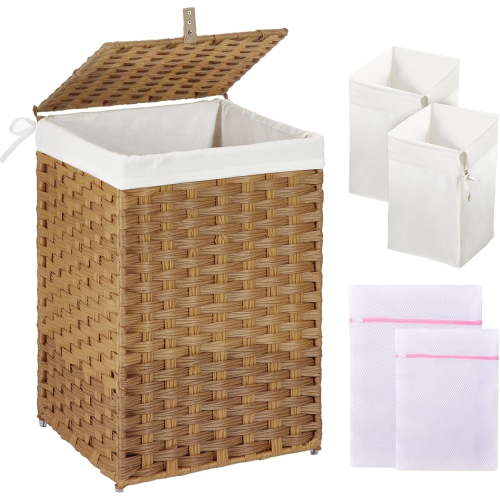 Laundry Hamper with Lid, 60L Clothes Hamper with 2 Removable Liner Bags & 2 Mesh Laundry Bags, Handwoven Synthetic Rattan Laundry Basket For Clothes, Toys In Bathroom, Bedroom Brown