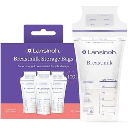 Lansinoh Breastmilk Storage Bags, 100 Count, Easy to Use Breast Milk Storage Bags for Feeding, Baby Essentials, Presterilized, Hygienically Doubled-Sealed for Freezing & Refrigeration, 6 Ounce