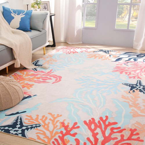 Arogan Coral Ocean Art Rug for Living Room, Bedroom and Children's Room, Beige, 5' x 8'