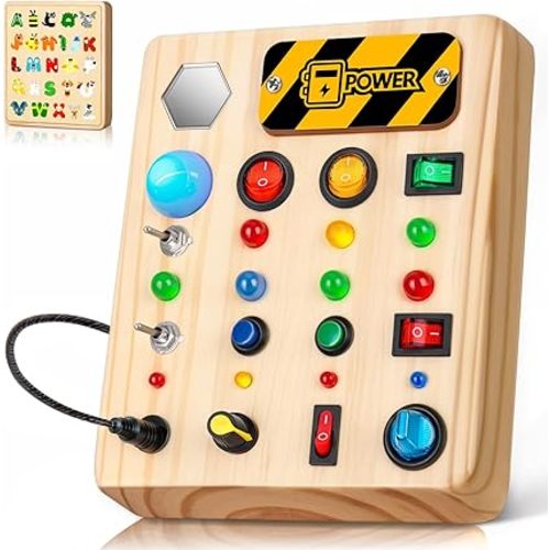 TINTECUSA Busy Board Montessori Toys for Toddler, Wooden Sensory Board Switch Toy with Shape Sorter LED Light Up Toys Educational Plane Travel Activity for Girls & Boys
