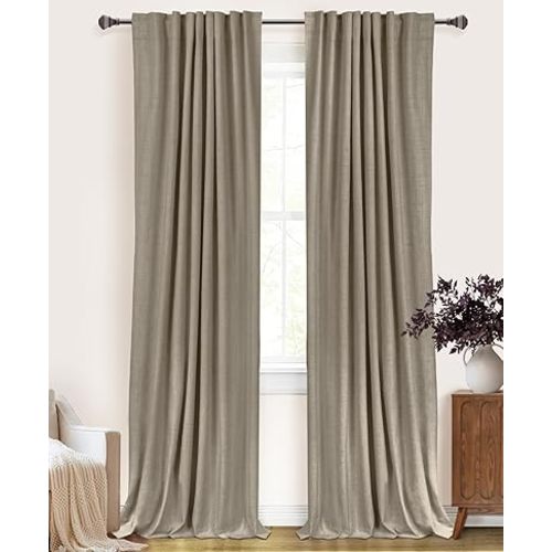 100% Blackout Shield Linen Blackout Curtains for Bedroom 96 Inches Long, Back Tab/Rod Pocket Living Room Drapes, Thermal Insulated Blackout Curtains 2 Panels Set, 50" W x 96" L, Faux Linen