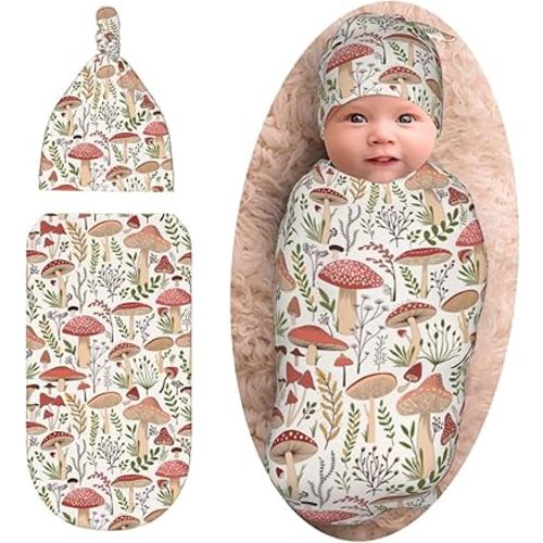 Cute Mushroom Newborn Swaddle Blanket with Beanie Set, Soft and Stretchy Baby Blanket Swaddle Sack for Boy and Girl