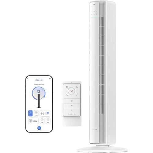 Della 42" Smart Tower Fan, Ultra Quiet 23dB Cooling Fan with 12 Speeds, 90° Oscillating, 28ft/s Airflow, DC Motor, 24H Timer, Voice/App/Remote Control for Bedroom Office Living Room, White