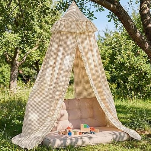 SmoothNovelty Gingham Plaid Bed Canopy with Ruffles Soft Vintage Style Decorative Tent for Reading Nook Play Area or Adult Bedroom Circus Tent Canopy(Beige)