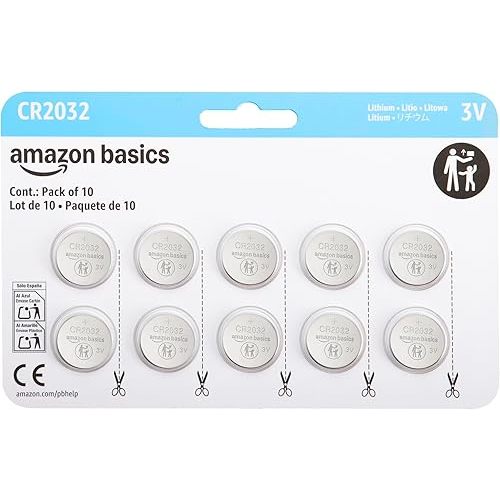 Amazon Basics CR2032 3V Lithium Coin Cell Batteries for Key Fob, Watch, Remote, Child-Proof Package, Non-Coated, AirTag Compatible, 10-Pack