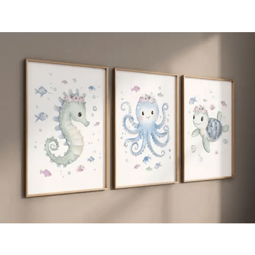 Seahorse Octopus Turtle Nursery Wall Art, Pink Ocean Prints for Girls, 
Size: 3 pieces in 8"x10"