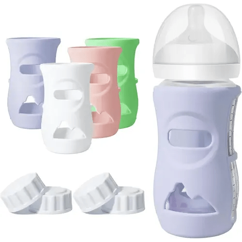 Joxodak 4 Pack Silicone Sleeves for Philips Avent Natural Glass Bottle, Food Grade Silicone Cover and 4pcs Travel Caps, Lids Replacement (White+Pink+Violet+Green, 8oz)