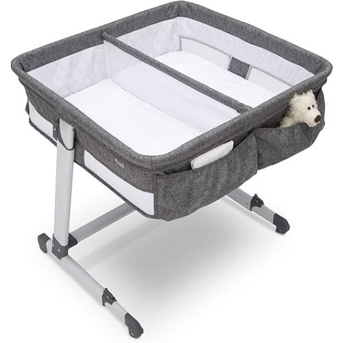 Simmons Kids By The Bed City Sleeper Bassinet for Twins - Adjustable Height Portable Crib with Wheels & Airflow Mesh, Grey Tweed