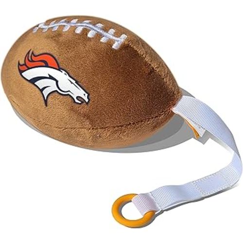 Denver Broncos Plush Football Pacifier Holder by Smilo - Officially Licensed NFL Soother Holder - Soft Plush Toy and Dummy Holder - Fits Any Pacifier - Stroller Accessory & Newborn Essential
