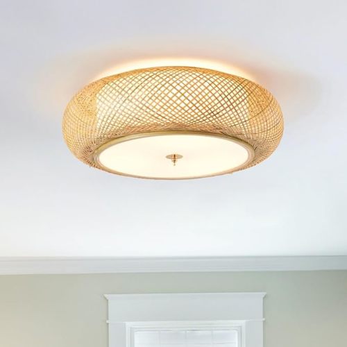 Bamboo Flush Mount Ceiling Light Handwoven Rattan Light Fixture, 3 Lights Boho Ceiling Lamp for Bedroom, Kitchen, Nursery (19-inch)