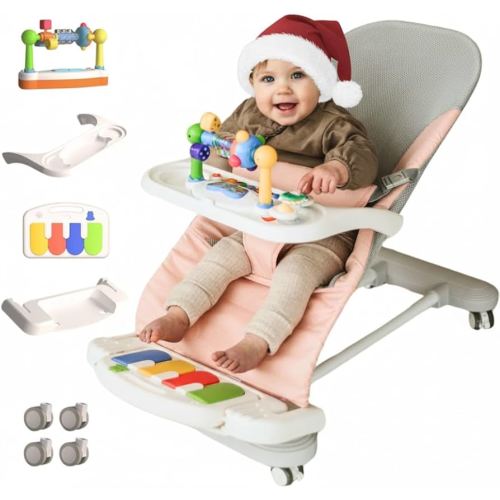CuddoBaby Baby Bouncer 4-in-1 on Wheels |Detachable Pianos, Feeding Tray| 3-Level Recline Foldable Seat with Play Bar for Infant to Toddler 0-6, 0-12, 12-24 Months, Girl Gift Idea - Pink