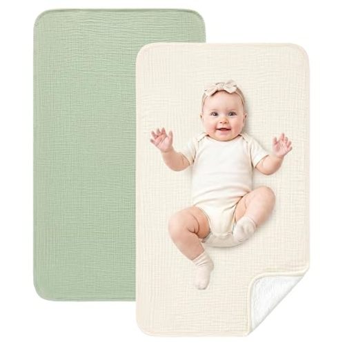 Eterish 2 Pack Waterproof Muslin Cotton Portable Changing Pad 30"x 17", Soft & Foldable Changing Pad Liner with Terry Backing, Travel Baby Changing Mat for Newborn Girls Boys