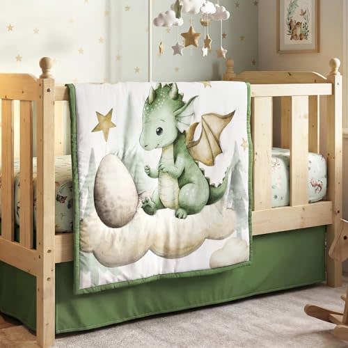 Peryiter 3 Pcs Watercolor Dragon Crib Sheet Set | Baby Crib Bedding Set Includes 52"x28" Fitted Sheet, Quilt, Bed Skirt for Newborn Boy Girl Nursery Newborn Sheets Decor