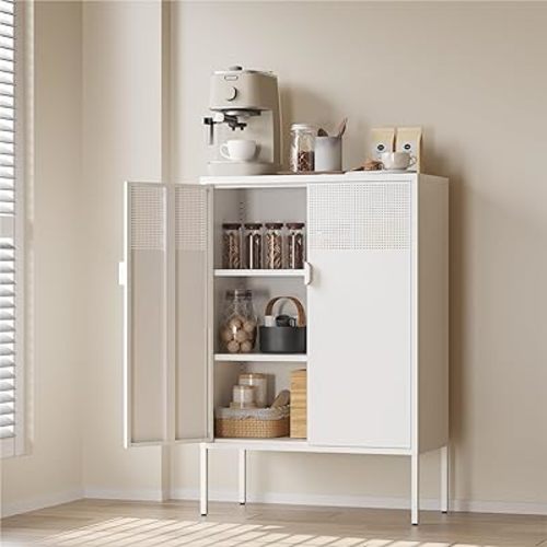 COFaR White Metal Storage Cabinet with Adjustable Shelves, 47”H Modern Buffet Sideboard & Coffee Bar Cabinet with Magnetic Doors, Ventilated Steel Organizer for Kitchen, Dining Room, Home Office