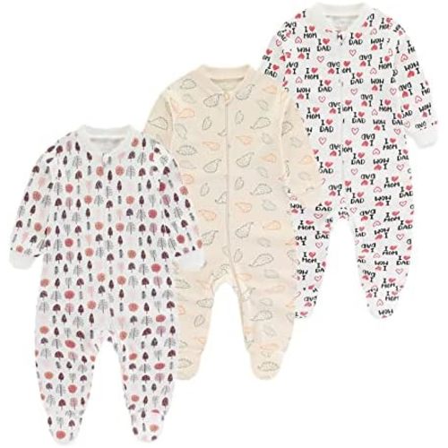 Mono de algodón para recién nacido, niño, niña, unisex, con cremallera, manga larga, paquete de 3 unidades, 0 a 12 meses