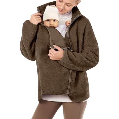 Women's Fleece Jacket with Baby Carrier Pocket, Warm Maternity Coat for Mom, Zip up 2-in-1 Baby Wearing Outerwear