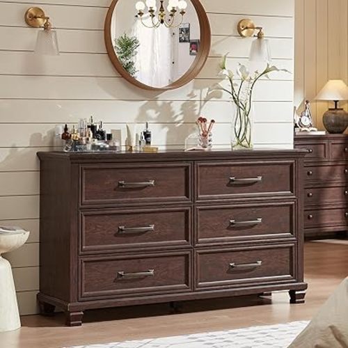 SAVOR LIFE Farmhouse Espresso 6 Drawer Dresser for Bedroom, 54 inch Wide Vintage Large Chest of Drawers with Wood Legs, Rustic TV Console for Living Room, Walnut Wooden Storage Closet Dressers