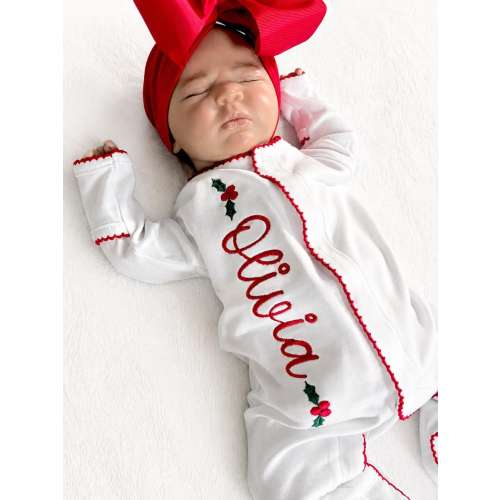 Baby Christmas embroidered outfit, coming home Christmas outfit, my first Christmas footies