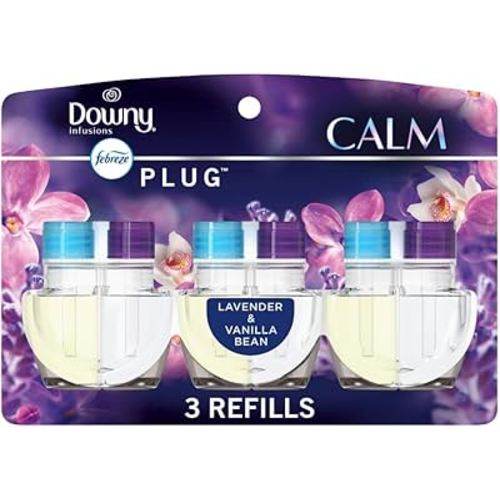 Febreze Plug In Air Freshener, Odor-Fighting Scented Oil Refill, Downy Calm Scent, 3 Refills