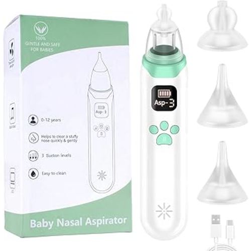 Baby Nasal Aspirator Electric, 3 Types Adjustable Gear, Includes 3 Soft Silicone Tips, Soothing Music & LED Lights, Ideal for Newborns Infants and Toddlers Up to 12 Years