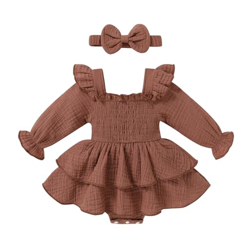 YOUNGER TREE Baby Girl Fall Clothes Infant Long Sleeve Ruffle Romper Dress with Headband Cute Toddler Winter Outfits