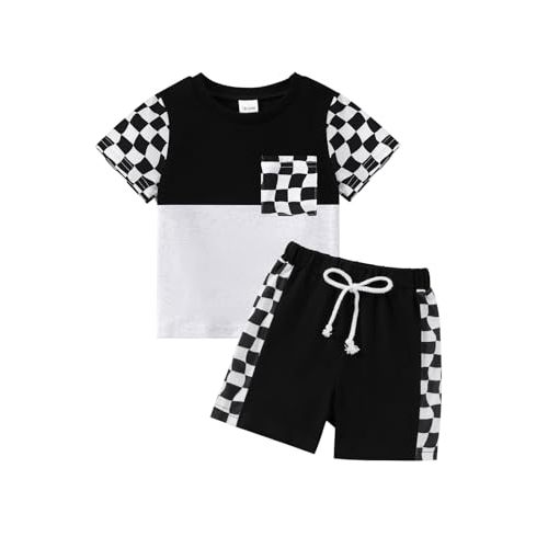 Baby Toddler Boys Shorts Set Summer Clothes Patchwork Checkerboard Outfits 18-24 Months 1T 2T 3T 4T 5-6 Years