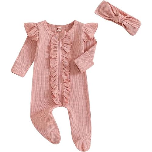 Newborn Baby Romper Infant Girl One-piece Outfit Waffle Ruffle Zip Footie Spring Summer Clothes With Bow Headband