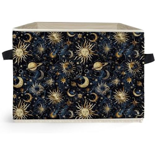 Mystical Crescent Moon Star Celestial Storage Box Bins, Moody Starry Night Sky Collapsible Storage Basket Organizer for Bedroom Laundry Room Home Clothes Books, Decor for Room
