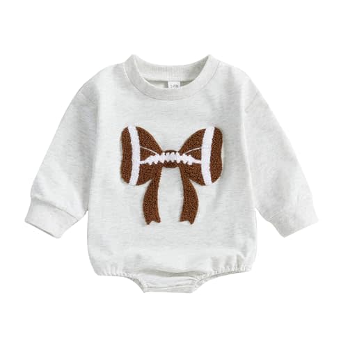 Karuedoo Newborn Baby Boy Girl Football Outfit Football Bow Sweatshirt Romper Oversized Long Sleeve Bubble Romper Bodysuit