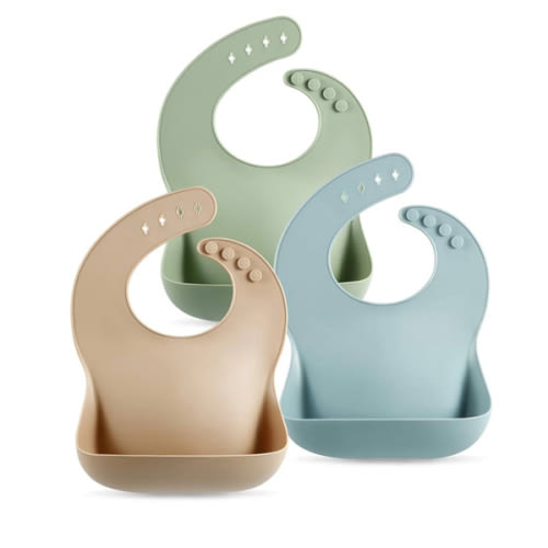 PandaEar Set of 3 Silicone Baby Bibs Waterproof, Soft, Unisex, 10-72 Months (Brown/Blue/Green)