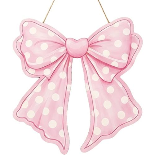 Pink Bow Wooden Hanging Wall Art, 12x12 Inch Coquette Girly Decor for Girls Bedroom College Dorm Nursery, Preppy Bowknot Welcome Door Sign Indoor Outdoor Porch Apartment Decoration