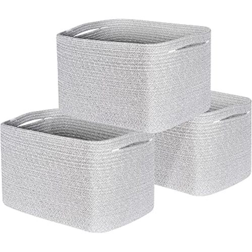MINTWOOD Design 3-Pack Decorative Woven Storage Baskets for Shelves, Cube Bin Box for Organizing Books, Shoes, Dog Toys, Pantry Closet and Living Room Organizer, Light Gray Mix