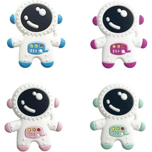 Baby Teething Spaceman Toy for 3+ Months Infants Sucking, Food Grade Silicon Astronaut Styling Teether, BPA Free (4 in 1 Pack)