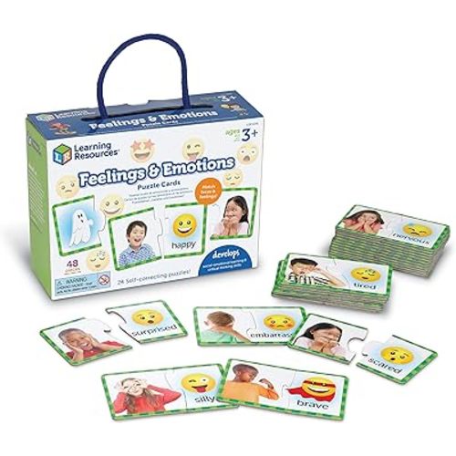 Learning Resources Feelings & Emotions Puzzle Cards, 48 Pieces, Ages 3+, Social Skills, speech therapy materials, Social Emotional Learning Toys and Games for Kids