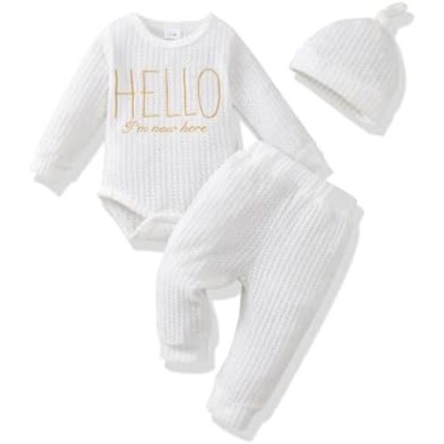 Renotemy Newborn Baby Boy Fall Clothes, Long Sleeve Letter Printed Rompers Plaid Pants Hat Outfits Clothing Set 0-18 Months