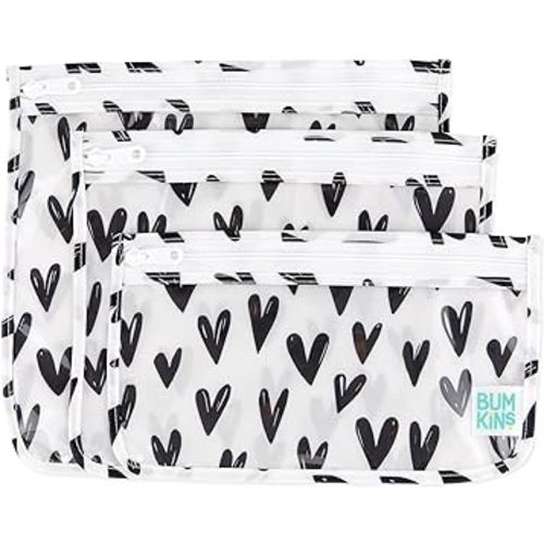 Bumkins Travel Bag, Toiletry, TSA Approved Pouch, Zip Bag, Quart Size Airline Compliant, Clear-Sided, Baby, Diaper Bag Organization, Makeup, Accessories, Packing, Set of 3 Sizes, Black Hearts