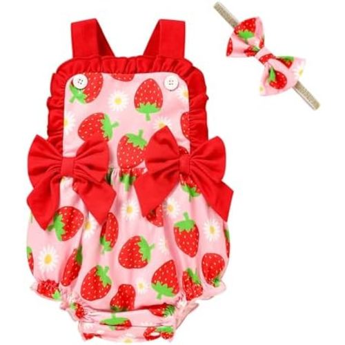 GRNSHTS Baby Girl Summer Romper Infant Floral Fruit Print Clothes Toddler Ruffles Bodysuit Sleeveless Strap One Piece Outfits