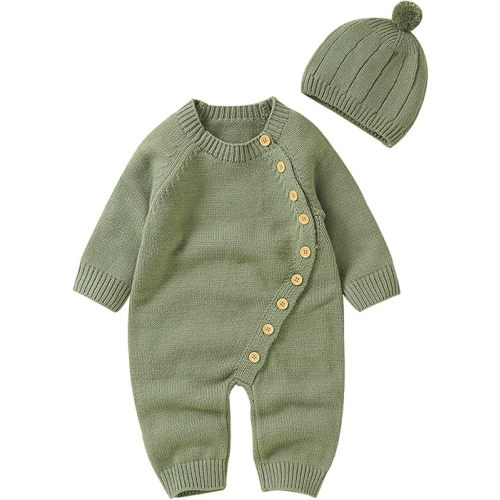 Newborn Infant Boy Girl Solid Knitted Sweater Baby Jumpsuit Romper Cotton Caps Hat Outfits Sets Clothes Toddler Suit (Green, 0-3 Months)