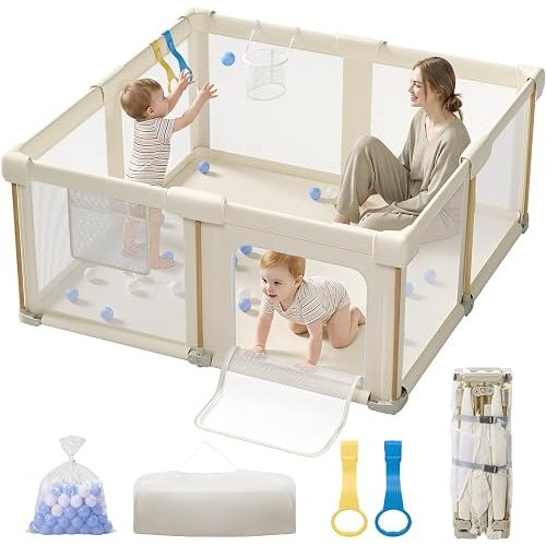 Foldable Baby Playpen, 59 x 59 Collapsible Play Pen for Babies 6-12 Months